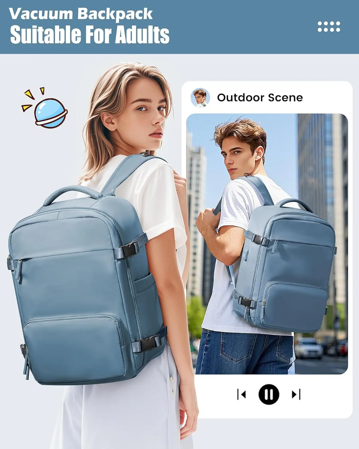 Vacuum Travel Backpack with Pump Vacuum Compression Seal Vacpack Airback Laptop Backpack for Women Men Carry on Backpack Personal Item Travel Bag Luggage Flight Approved Business Back Pack Grey Blue