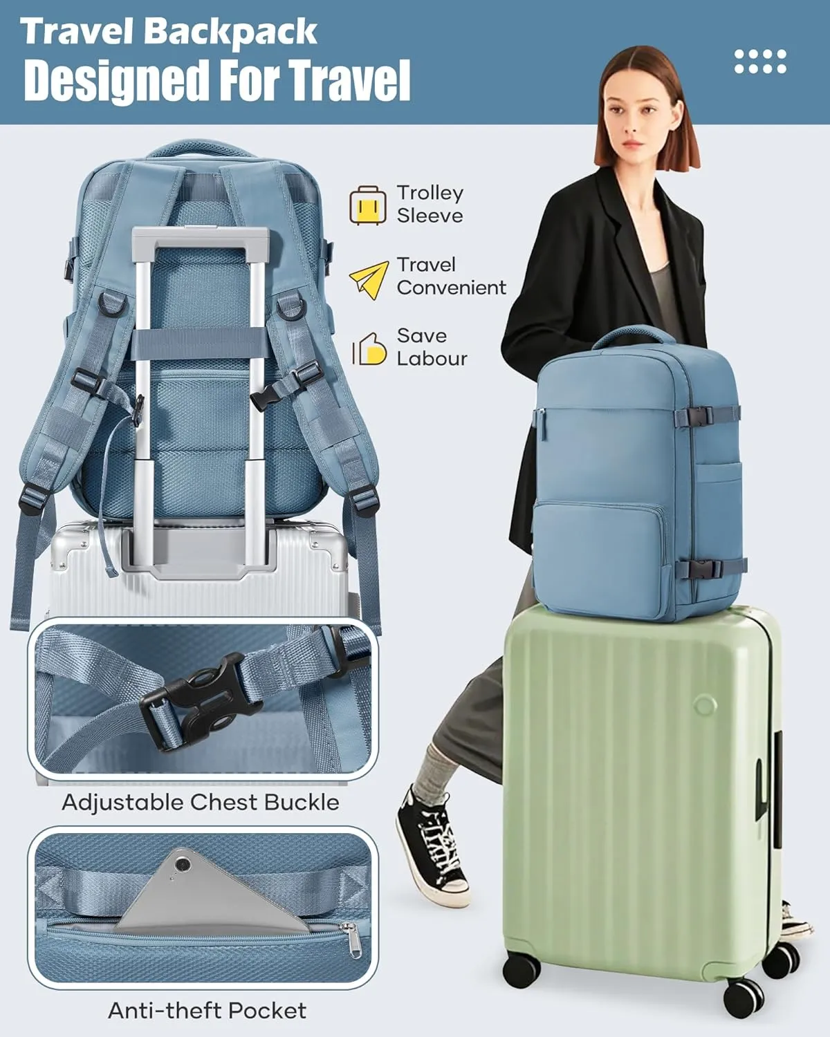 Vacuum Travel Backpack with Pump Vacuum Compression Seal Vacpack Airback Laptop Backpack for Women Men Carry on Backpack Personal Item Travel Bag Luggage Flight Approved Business Back Pack Grey Blue