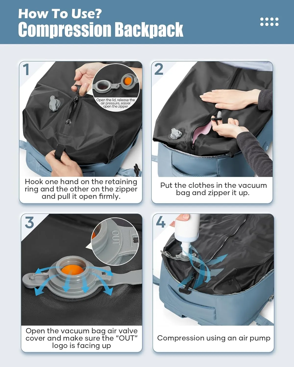 Vacuum Travel Backpack with Pump Vacuum Compression Seal Vacpack Airback Laptop Backpack for Women Men Carry on Backpack Personal Item Travel Bag Luggage Flight Approved Business Back Pack Grey Blue