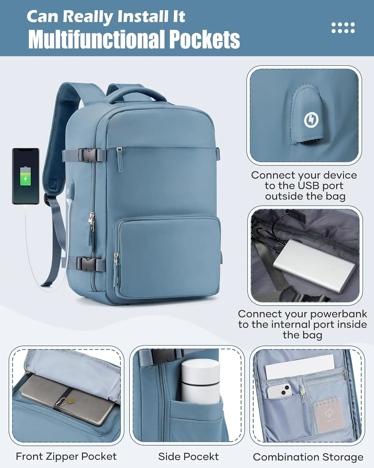 Vacuum Travel Backpack with Pump Vacuum Compression Seal Vacpack Airback Laptop Backpack for Women Men Carry on Backpack Personal Item Travel Bag Luggage Flight Approved Business Back Pack Grey Blue