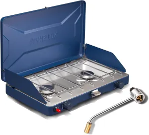 VANSTON Gas Camping Stove, Portable Separately Adjustable Double Propane Burner, Push Button Instant Ignition Grill, Built-in Carrying Handle & Wind Panels, Includes Pressure Regulator Tube
