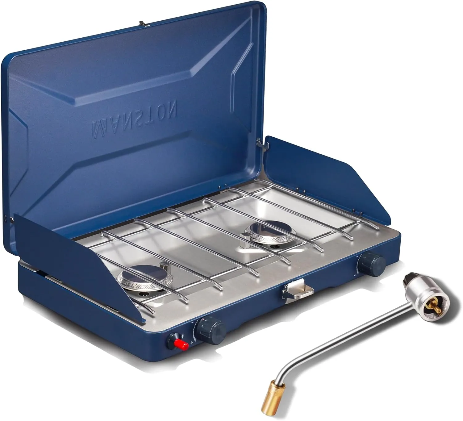 VANSTON Gas Camping Stove, Portable Separately Adjustable Double Propane Burner, Push Button Instant Ignition Grill, Built-in Carrying Handle & Wind Panels, Includes Pressure Regulator Tube