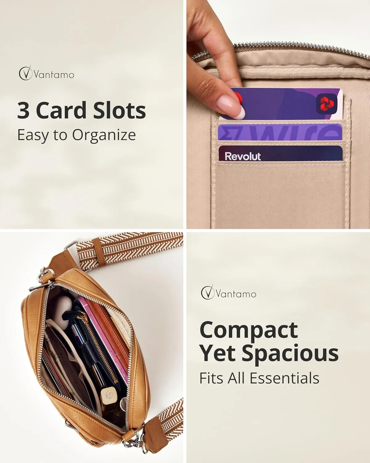 Vantamo Crossbody Bags For Women with Adjustable Strap, Premium PU Leather Purses for Women, Anti-Pickpocket Clip & Gift Box