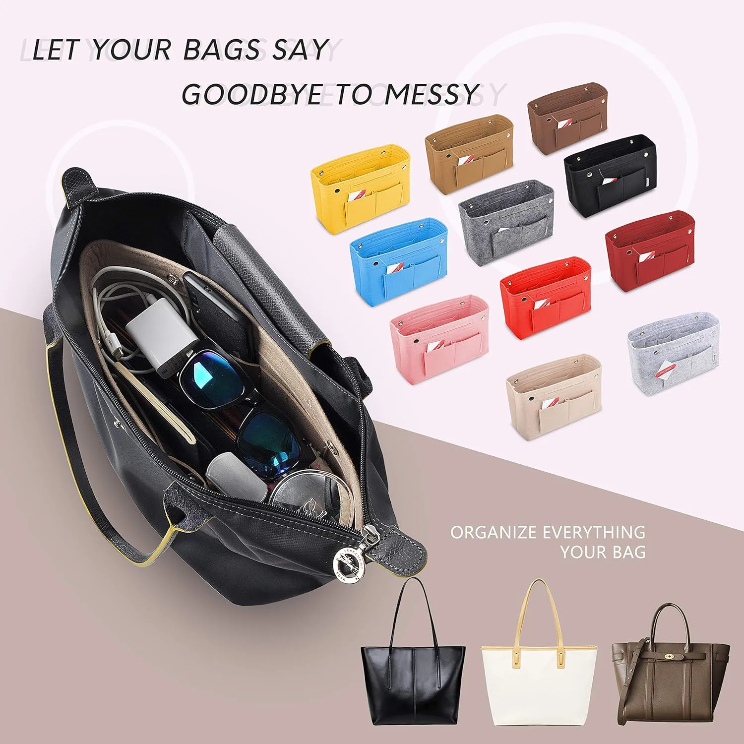 Vercord Felt Purse Tote Organizer Insert Divider Inside Handbag for Women Medium Black