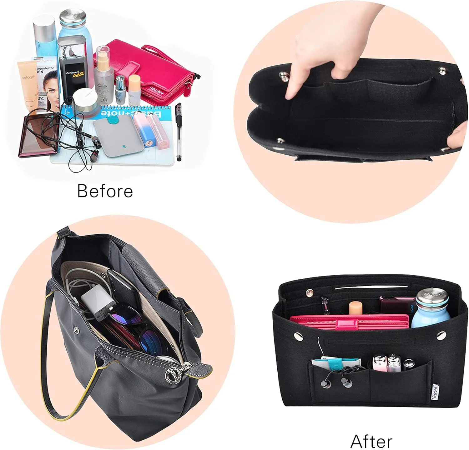 Vercord Felt Purse Tote Organizer Insert Divider Inside Handbag for Women Medium Black