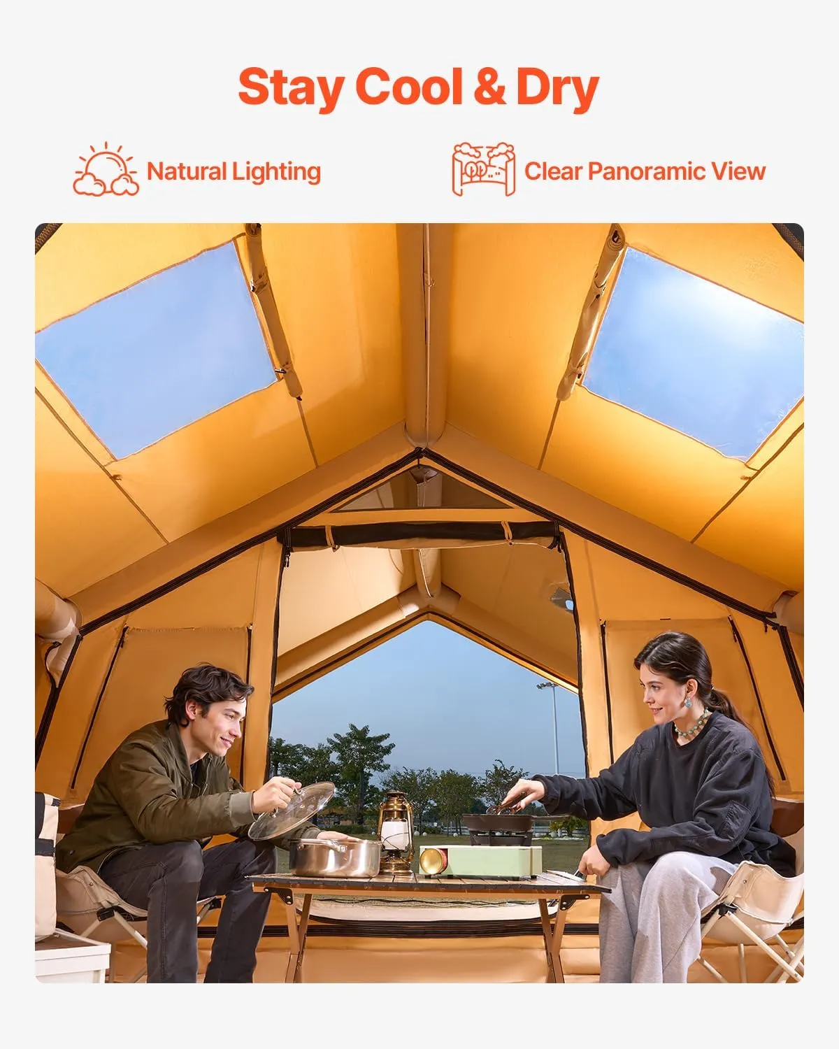 VEVOR Inflatable Tents for Camping, Easy Setup Blow up Tent with Hand Pump, 4 Season Glamping Tent with Stove Jack, Doors & Mesh Windows, Storage Bag Included for Easy Taking