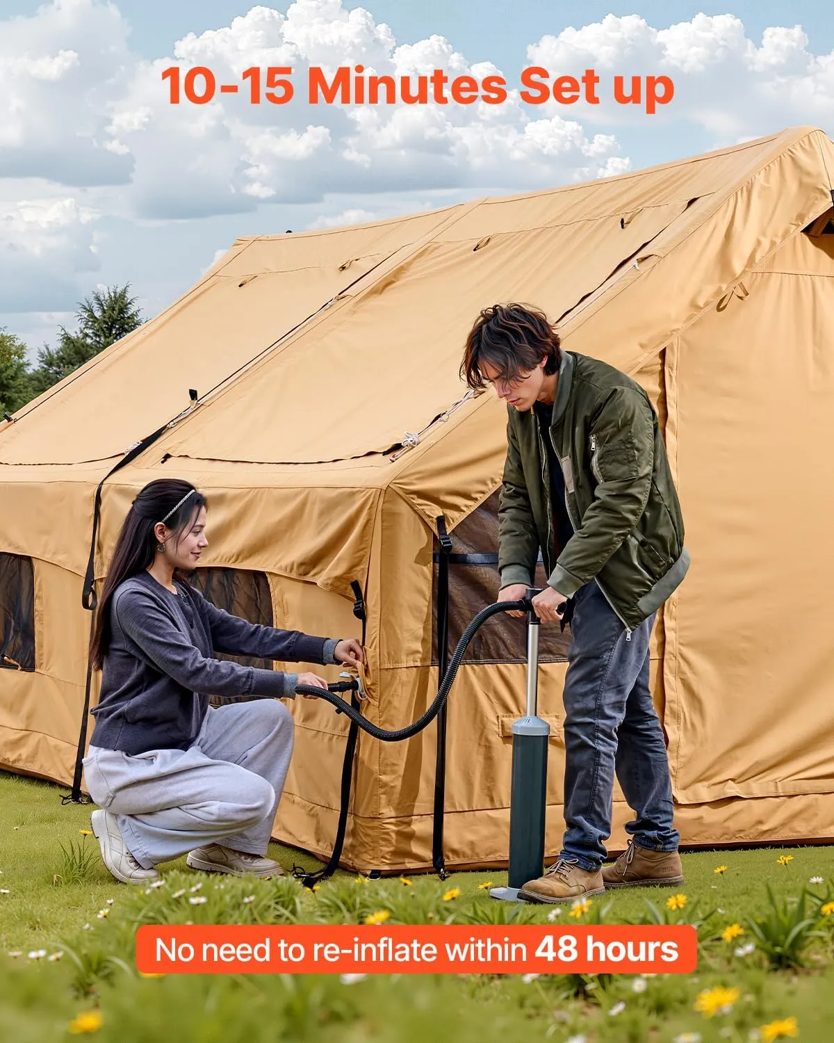 VEVOR Inflatable Tents for Camping, Easy Setup Blow up Tent with Hand Pump, 4 Season Glamping Tent with Stove Jack, Doors & Mesh Windows, Storage Bag Included for Easy Taking