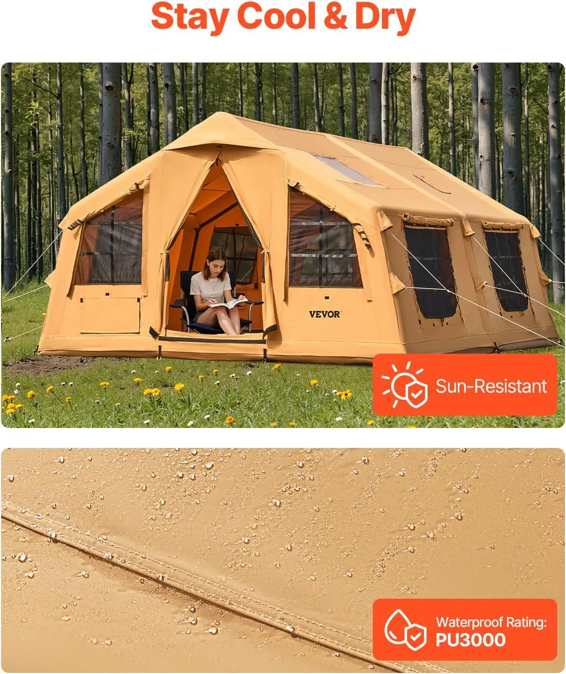 VEVOR Inflatable Tents for Camping, Easy Setup Blow up Tent with Hand Pump, 4 Season Glamping Tent with Stove Jack, Doors & Mesh Windows, Storage Bag Included for Easy Taking