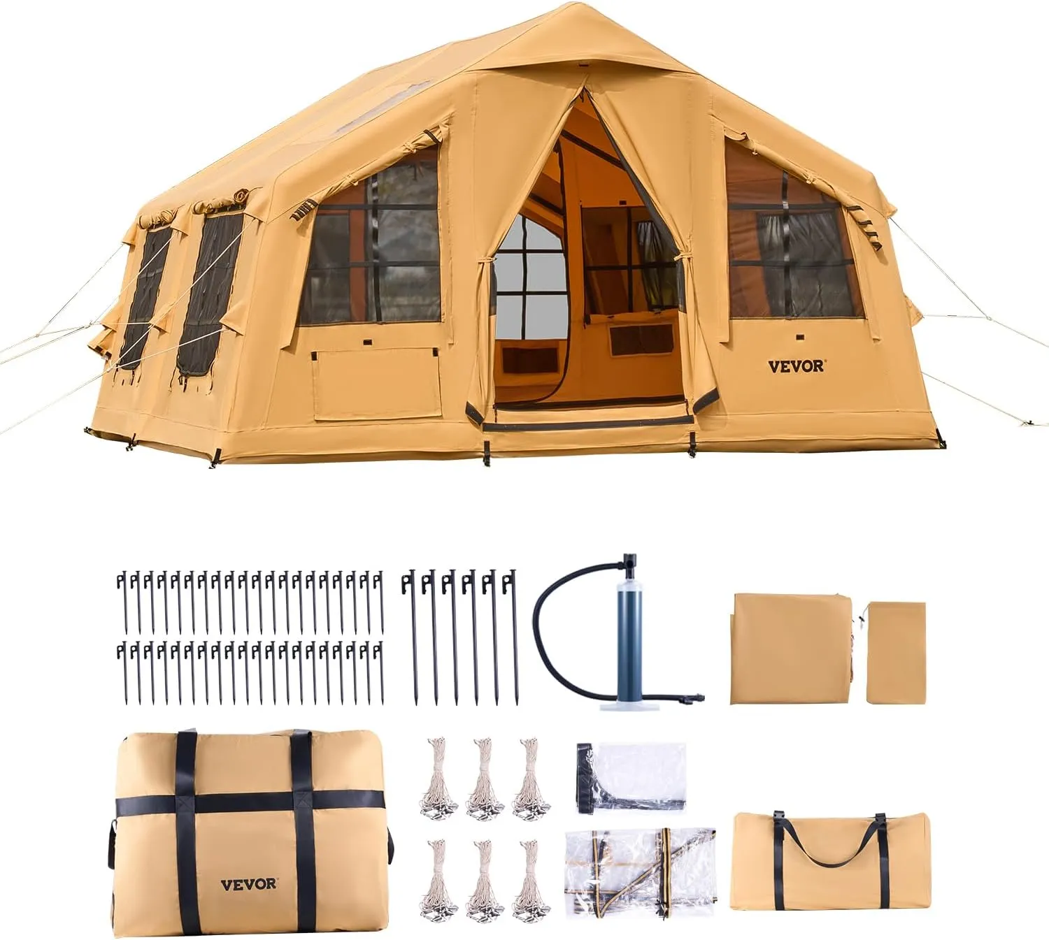 VEVOR Inflatable Tents for Camping, Easy Setup Blow up Tent with Hand Pump, 4 Season Glamping Tent with Stove Jack, Doors & Mesh Windows, Storage Bag Included for Easy Taking