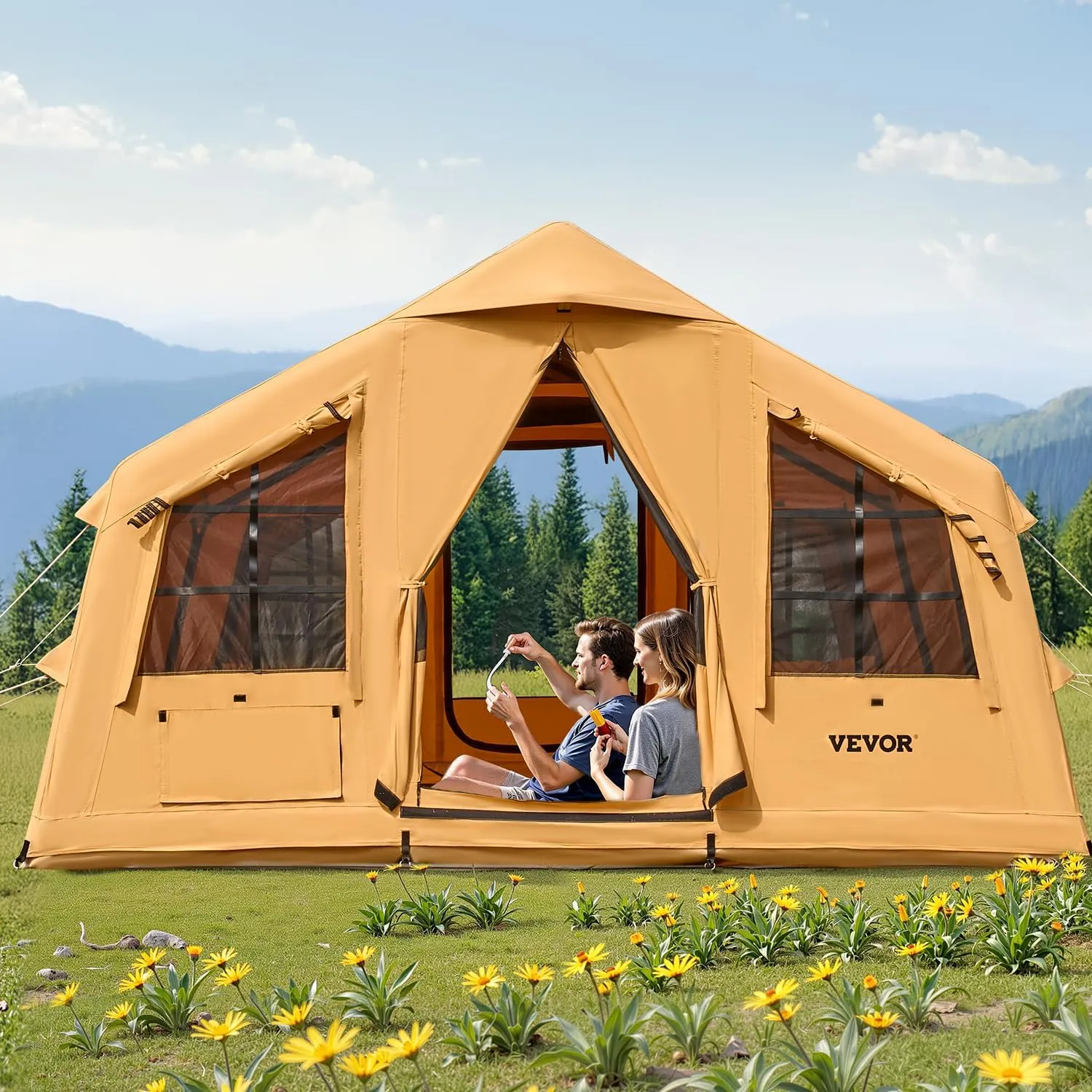 VEVOR Inflatable Tents for Camping, Easy Setup Blow up Tent with Hand Pump, 4 Season Glamping Tent with Stove Jack, Doors & Mesh Windows, Storage Bag Included for Easy Taking