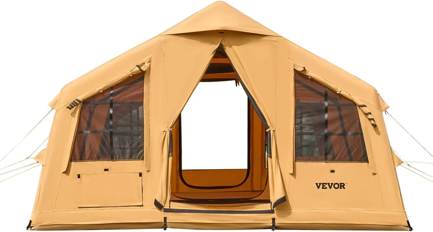 VEVOR Inflatable Tents for Camping, Easy Setup Blow up Tent with Hand Pump, 4 Season Glamping Tent with Stove Jack, Doors & Mesh Windows, Storage Bag Included for Easy Taking