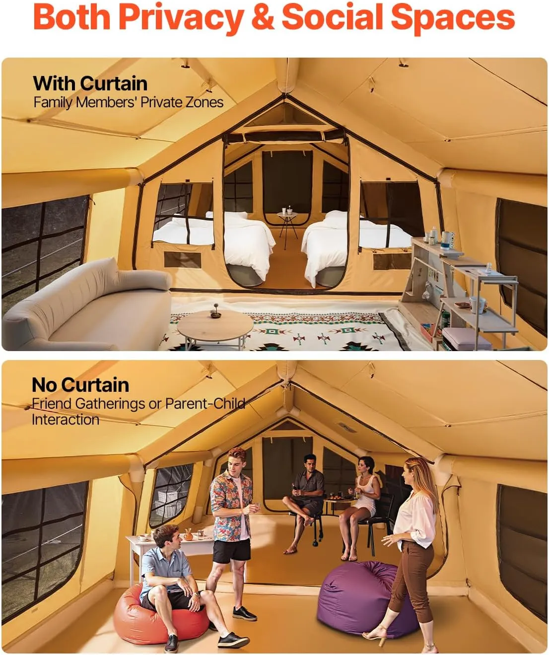 VEVOR Inflatable Tents for Camping, Easy Setup Blow up Tent with Hand Pump, 4 Season Glamping Tent with Stove Jack, Doors & Mesh Windows, Storage Bag Included for Easy Taking