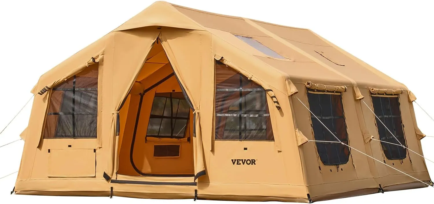 VEVOR Inflatable Tents for Camping, Easy Setup Blow up Tent with Hand Pump, 4 Season Glamping Tent with Stove Jack, Doors & Mesh Windows, Storage Bag Included for Easy Taking