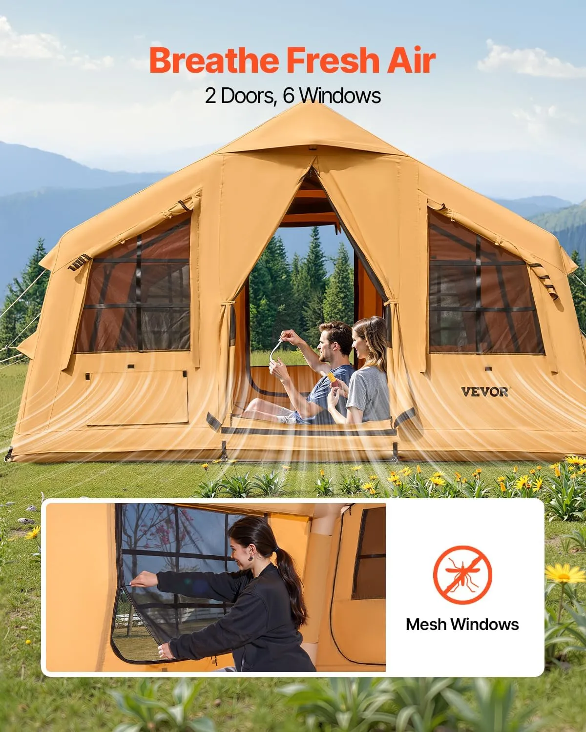 VEVOR Inflatable Tents for Camping, Easy Setup Blow up Tent with Hand Pump, 4 Season Glamping Tent with Stove Jack, Doors & Mesh Windows, Storage Bag Included for Easy Taking