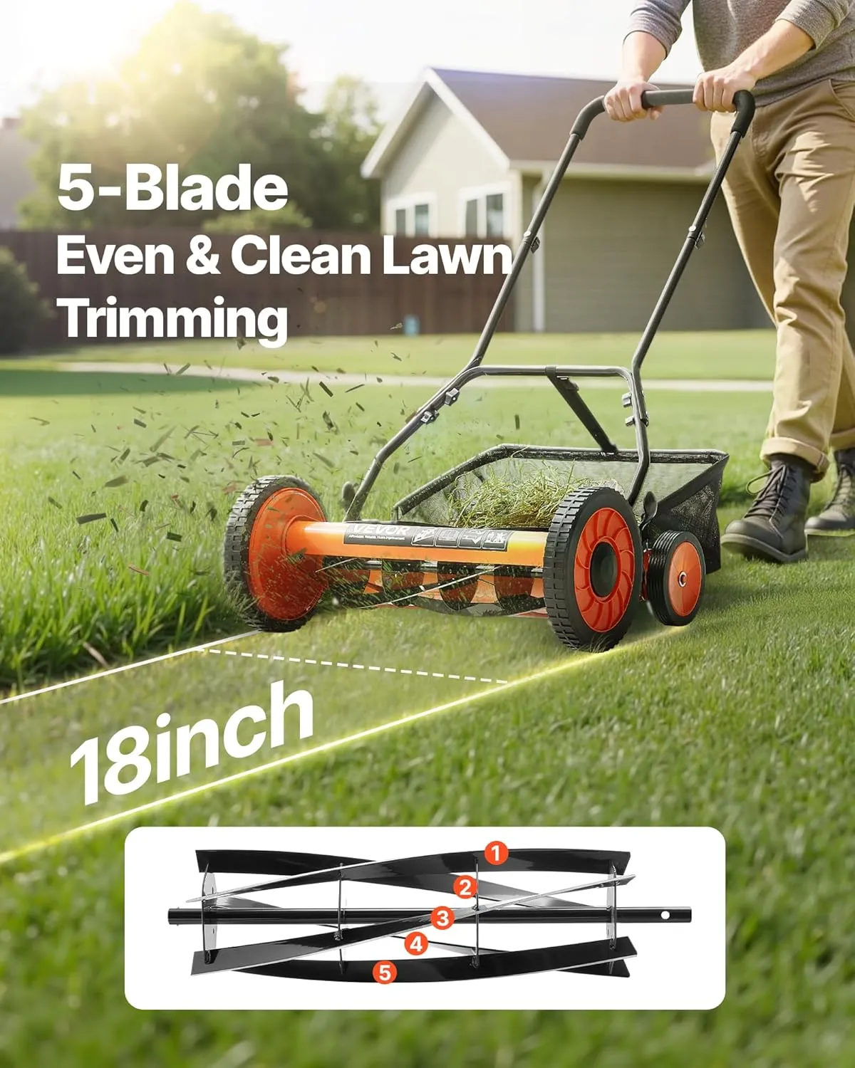 VEVOR Push Reel Lawn Mower 18 inch, 5 Blades Manual Push Mower No Motor, 1.37-2.44 in Adjustable Cutting Height, Walk-Behind Lawn Mowers with Grass Catcher Bag for Green Lawns, Driveways, Courtyards