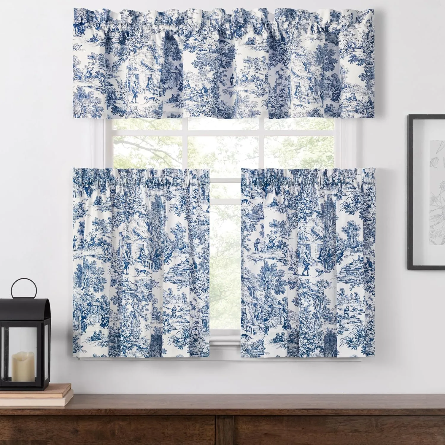 Victoria Park Toile 68-Inch-by-36 Inch Tailored Tier Curtains, Blue