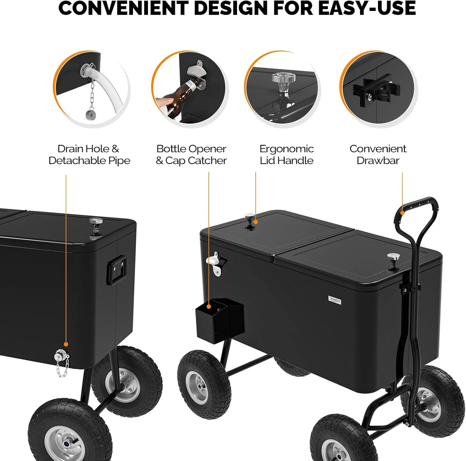 VINGLI 80 Quart Wagon Rolling Cooler Ice Chest, w/Long Handle and 10" Wheels, Portable Beach Patio Party Bar Cold Drink Beverage, Outdoor Park Cart on Wheels