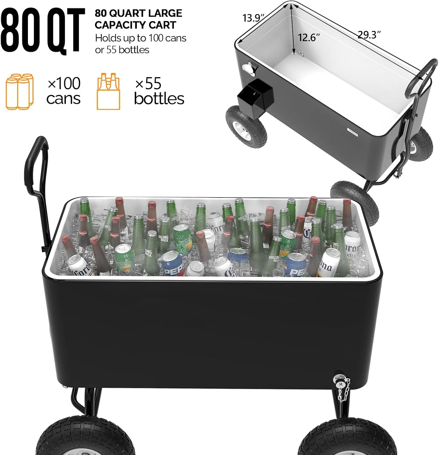 VINGLI 80 Quart Wagon Rolling Cooler Ice Chest, w/Long Handle and 10" Wheels, Portable Beach Patio Party Bar Cold Drink Beverage, Outdoor Park Cart on Wheels