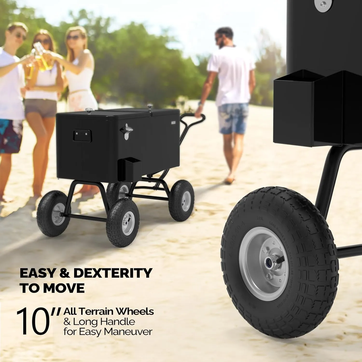 VINGLI 80 Quart Wagon Rolling Cooler Ice Chest, w/Long Handle and 10" Wheels, Portable Beach Patio Party Bar Cold Drink Beverage, Outdoor Park Cart on Wheels