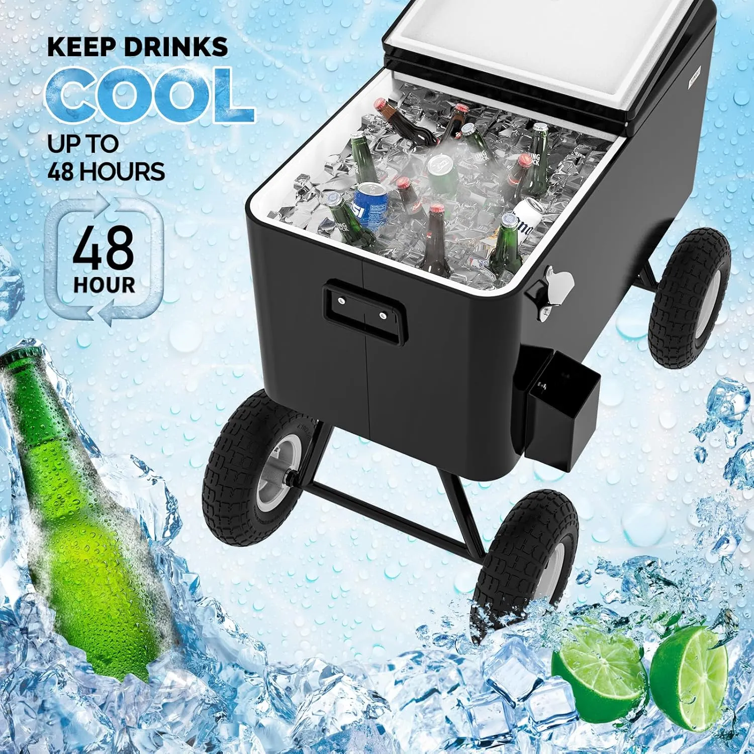 VINGLI 80 Quart Wagon Rolling Cooler Ice Chest, w/Long Handle and 10" Wheels, Portable Beach Patio Party Bar Cold Drink Beverage, Outdoor Park Cart on Wheels