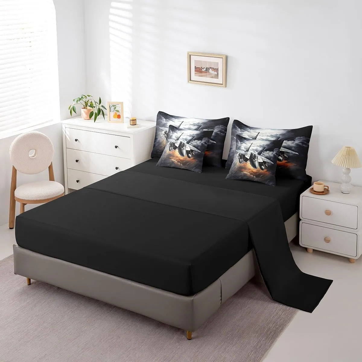 Vintage Aircraft Comforter Set Bed in a Bag 7 Pieces King,Military 3D Airplane Bedding Set,Retro Sky Cloud Flying Plane Boys Men (Comforter Fitted Flat Sheet 2 Pillowcases 2 Throw Pillow Covers)
