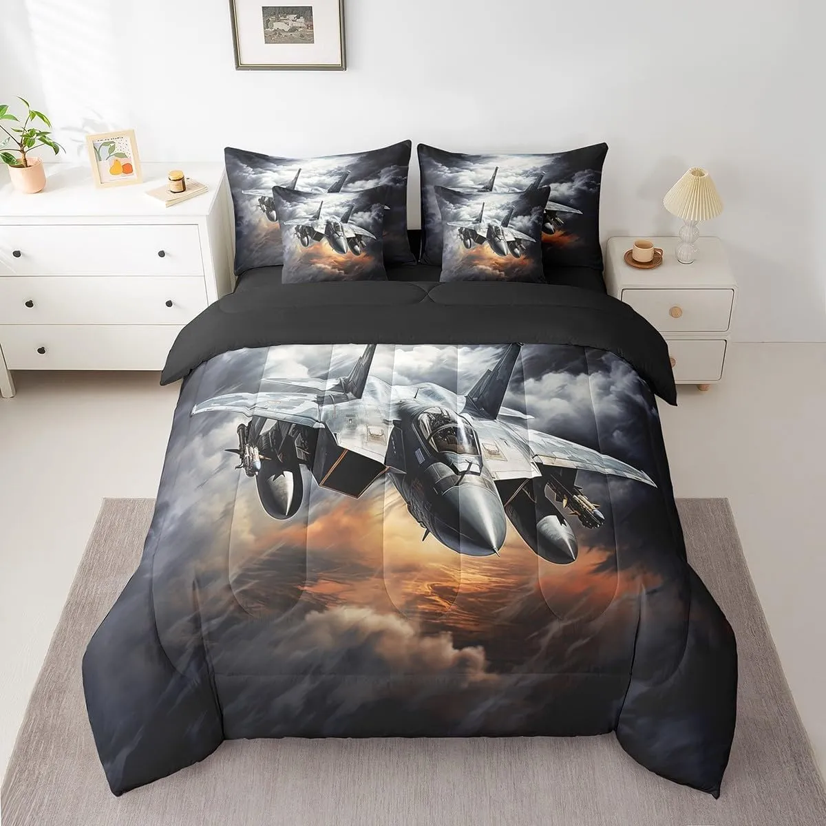 Vintage Aircraft Comforter Set Bed in a Bag 7 Pieces King,Military 3D Airplane Bedding Set,Retro Sky Cloud Flying Plane Boys Men (Comforter Fitted Flat Sheet 2 Pillowcases 2 Throw Pillow Covers)