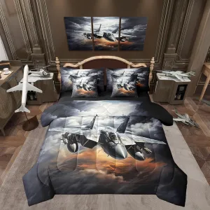 Vintage Aircraft Comforter Set Bed in a Bag 7 Pieces King,Military 3D Airplane Bedding Set,Retro Sky Cloud Flying Plane Boys Men (Comforter Fitted Flat Sheet 2 Pillowcases 2 Throw Pillow Covers)