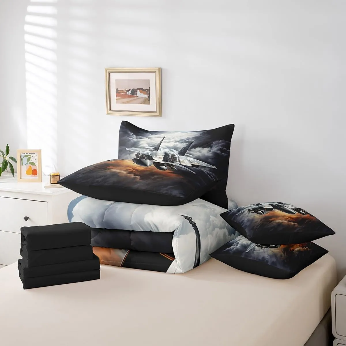 Vintage Aircraft Comforter Set Bed in a Bag 7 Pieces King,Military 3D Airplane Bedding Set,Retro Sky Cloud Flying Plane Boys Men (Comforter Fitted Flat Sheet 2 Pillowcases 2 Throw Pillow Covers)