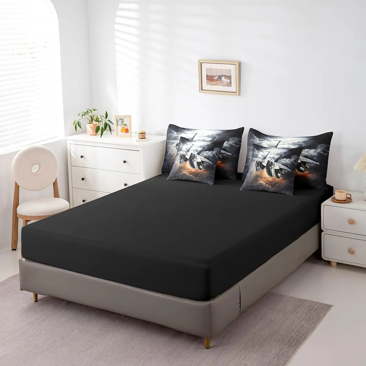 Vintage Aircraft Comforter Set Bed in a Bag 7 Pieces King,Military 3D Airplane Bedding Set,Retro Sky Cloud Flying Plane Boys Men (Comforter Fitted Flat Sheet 2 Pillowcases 2 Throw Pillow Covers)