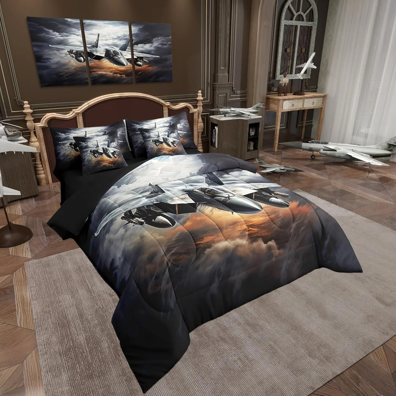 Vintage Aircraft Comforter Set Bed in a Bag 7 Pieces King,Military 3D Airplane Bedding Set,Retro Sky Cloud Flying Plane Boys Men (Comforter Fitted Flat Sheet 2 Pillowcases 2 Throw Pillow Covers)