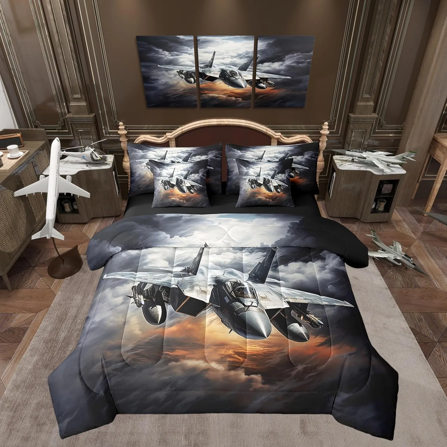 Vintage Aircraft Comforter Set Bed in a Bag 7 Pieces King,Military 3D Airplane Bedding Set,Retro Sky Cloud Flying Plane Boys Men (Comforter Fitted Flat Sheet 2 Pillowcases 2 Throw Pillow Covers)