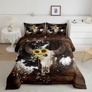 Vintage Cow Skin Bedding Comforter Sets King for Cowboys Cowgirls,Retro Wild Cow Skull Western Farmhouse Style Bedding Set for Bedroom Decoration,Watercolor Yellow Sunflowers Country Horseshoe