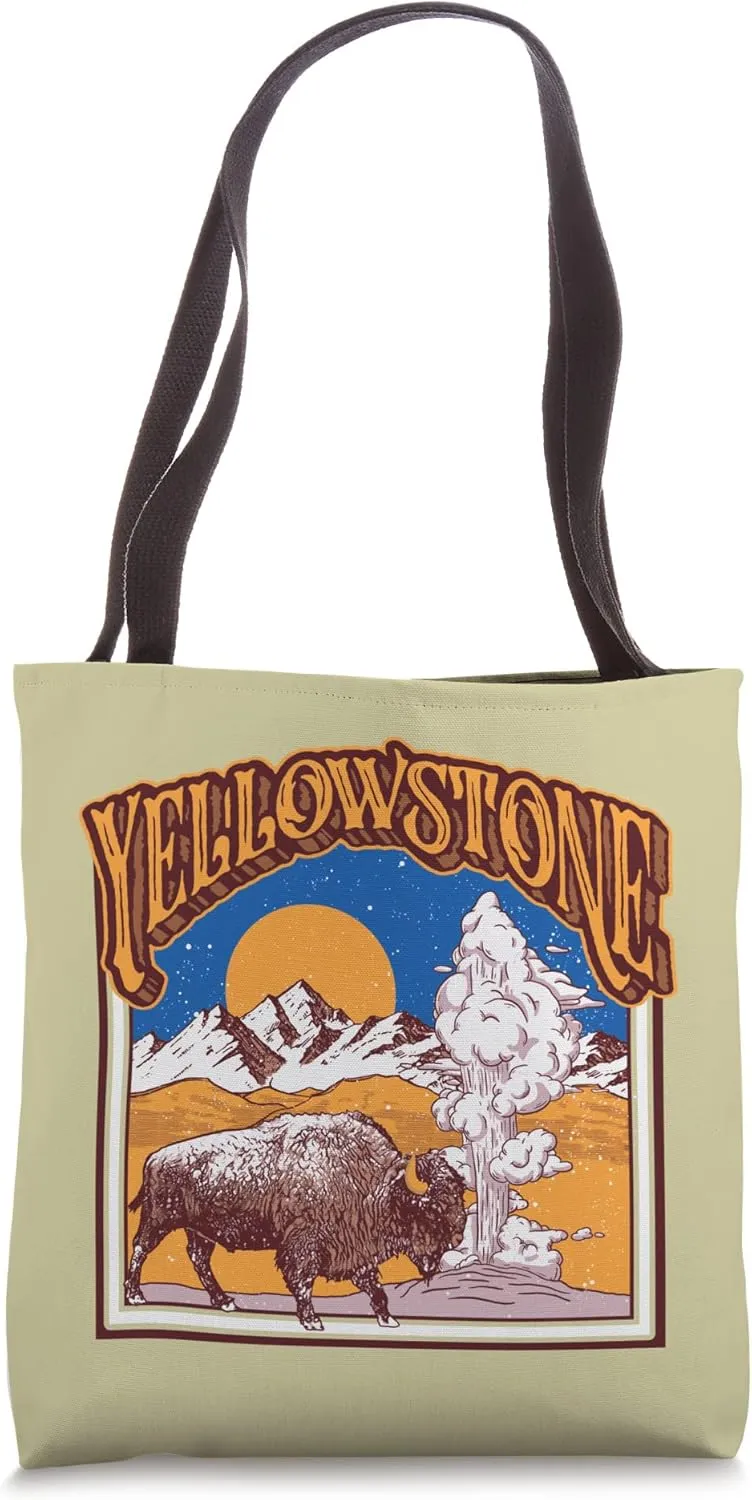 Vintage Yellowstone Bison Geyser Old Faithful Snowy Mountain Tote Bag