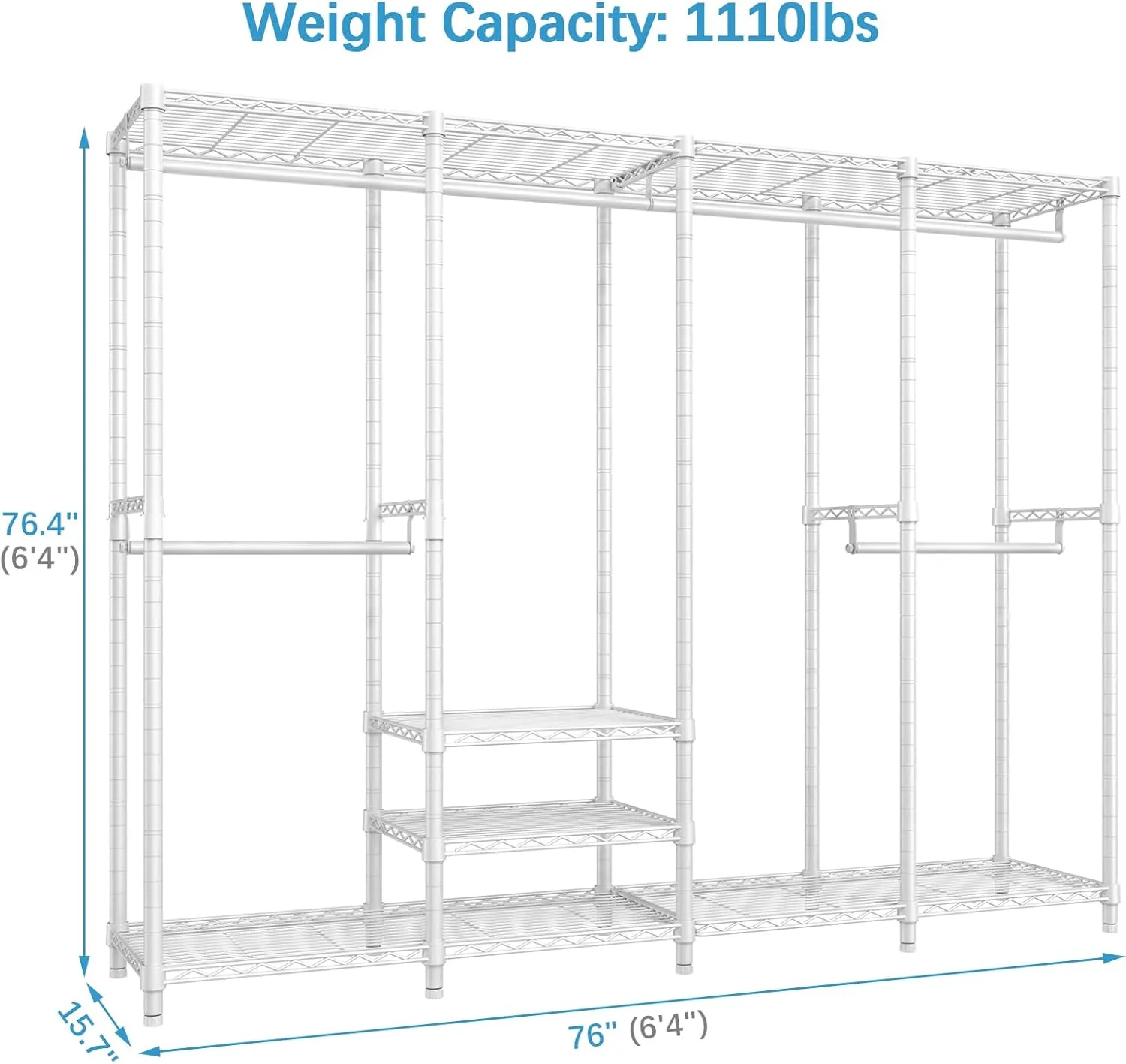 VIPEK V40 Wire Garment Rack Heavy Duty Clothes Racks for Hanging Clothes, Multi-Functional Bedroom Clothing Racks Freestanding Closet Wardrobe Rack, 76" L x 15.7" W x 76.4" H, Max Load 1110lbs, White