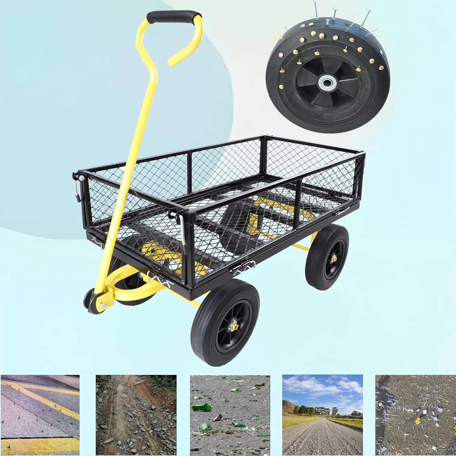 Wagon with Removable Sides - Farm, Warehouse & Garden Dump Cart - Solid Yellow Black Wheels