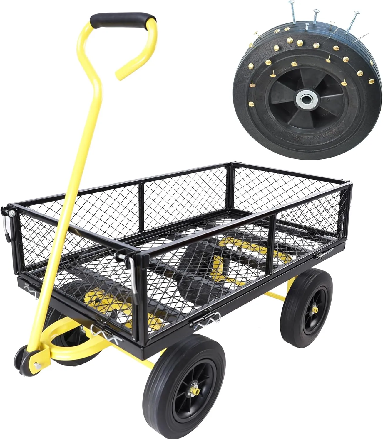 Wagon with Removable Sides - Farm, Warehouse & Garden Dump Cart - Solid Yellow Black Wheels