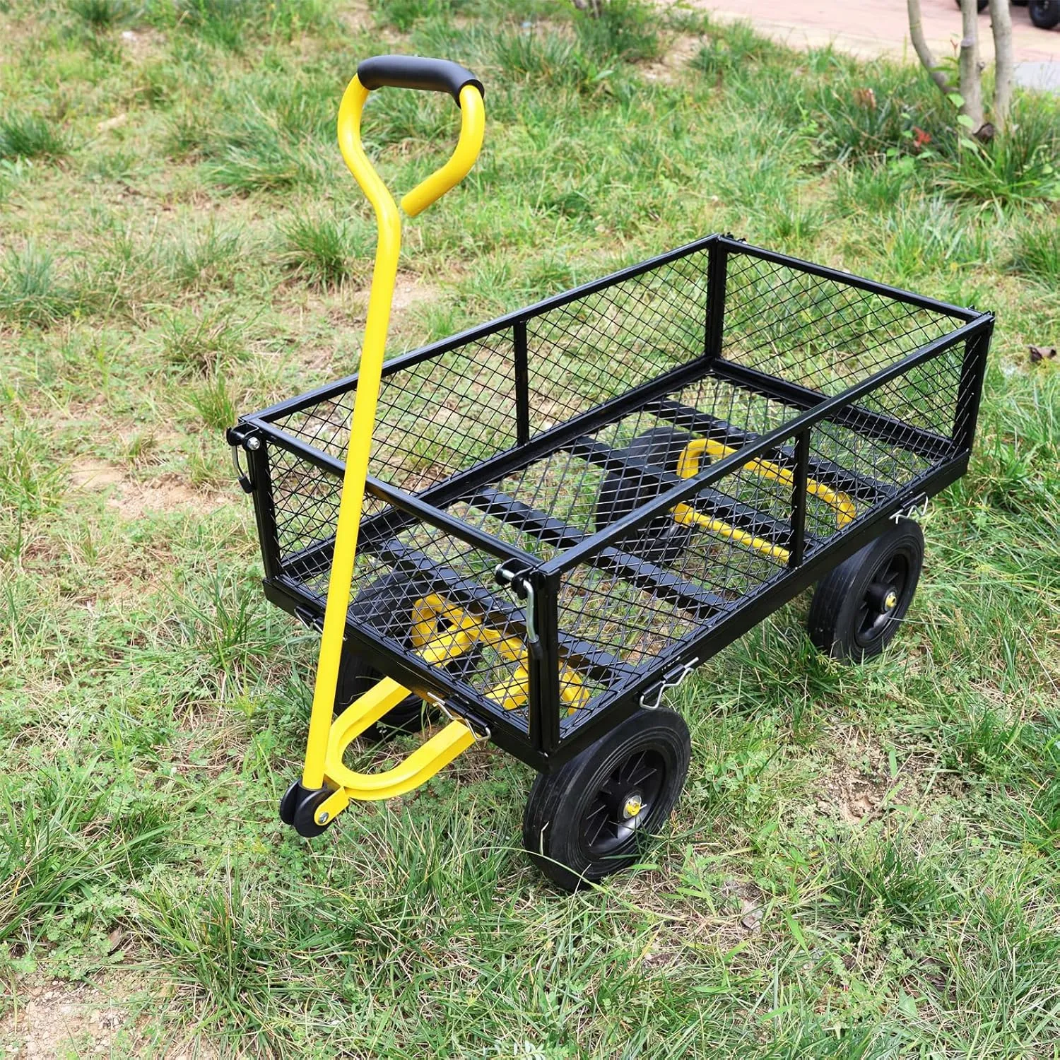 Wagon with Removable Sides - Farm, Warehouse & Garden Dump Cart - Solid Yellow Black Wheels