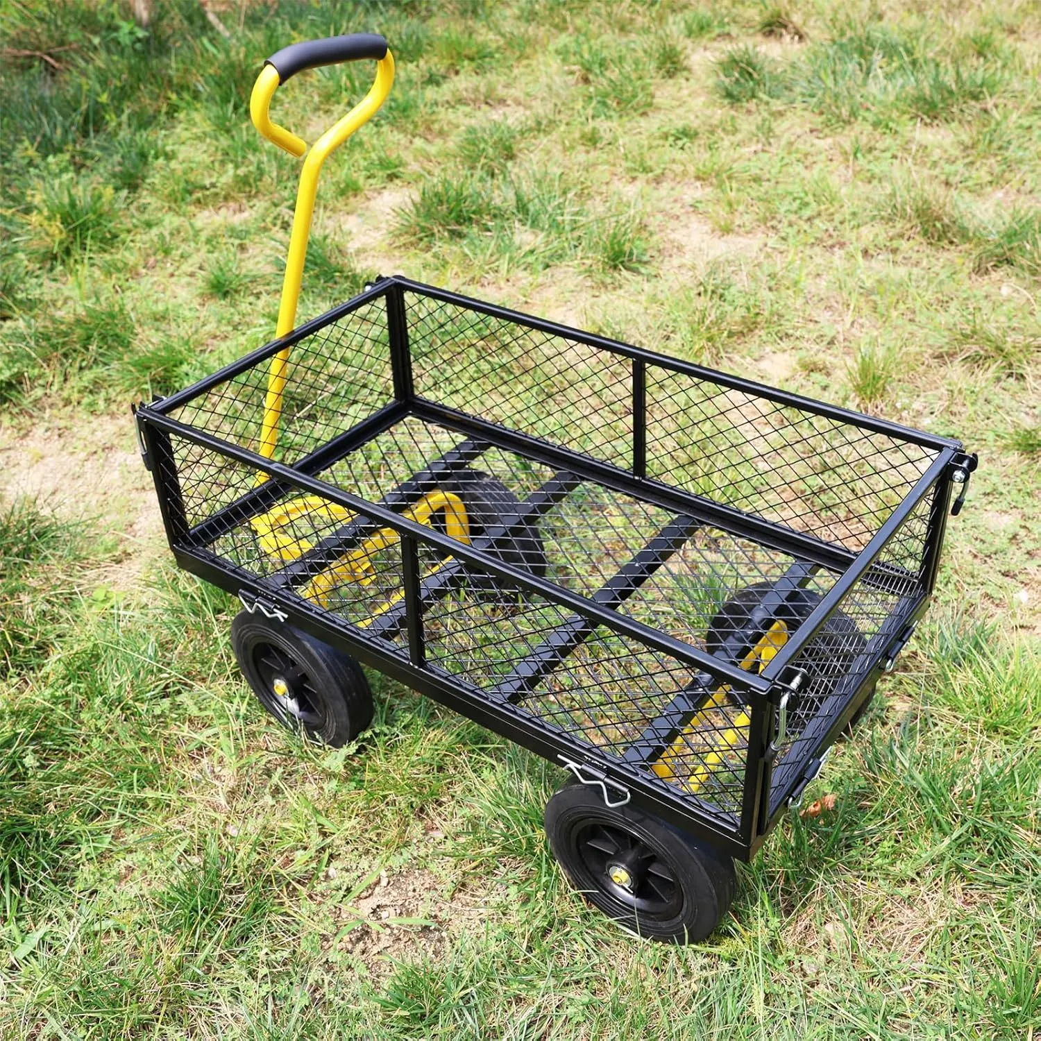 Wagon with Removable Sides - Farm, Warehouse & Garden Dump Cart - Solid Yellow Black Wheels