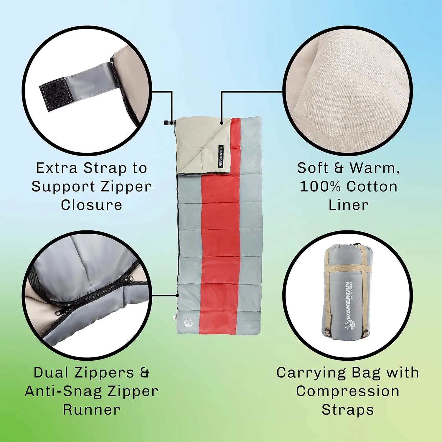 Wakeman Lightweight Sleeping Bag - Carrying Bag with Compression Straps Included
