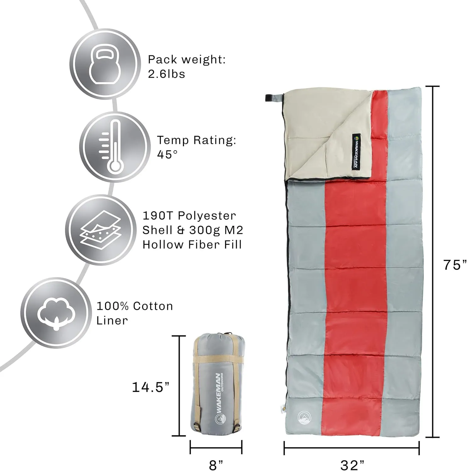Wakeman Lightweight Sleeping Bag - Carrying Bag with Compression Straps Included