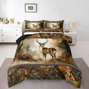 Watercolor Deer Comforter Set Queen Size 3 Pcs Cute Wild Animal Abstract Jungle Leaves Comforter for Kids Teens Adults Retro Stripes Rustic Cabin Style Bedding Set with 2 Pillowcases 1 Comforter