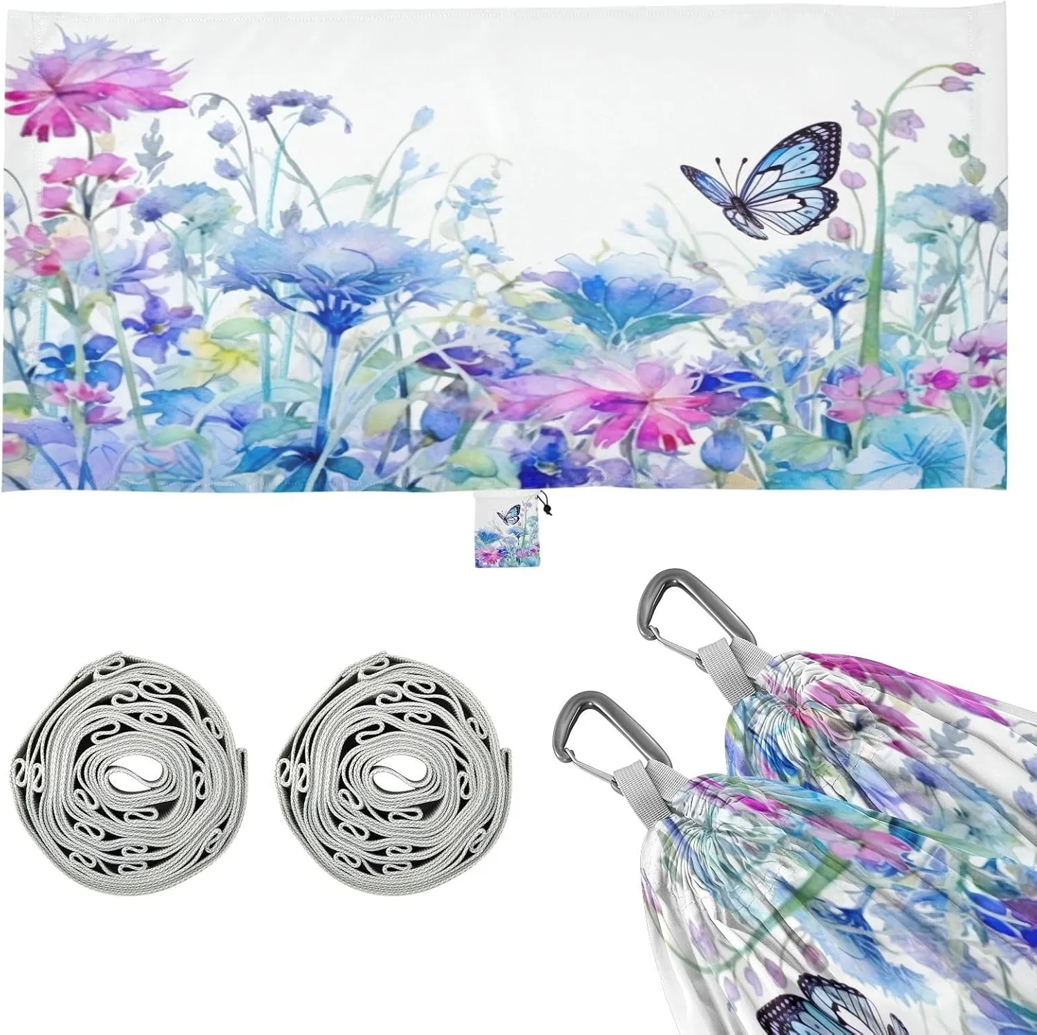 Watercolor Flowers Butterflies Camping Hammock, Single Portable Hammocks with Tree Straps & Attached Carry Bag, 330Lbs Capacity Perfect for Outside Indoor Hiking Beach Backpack Travel