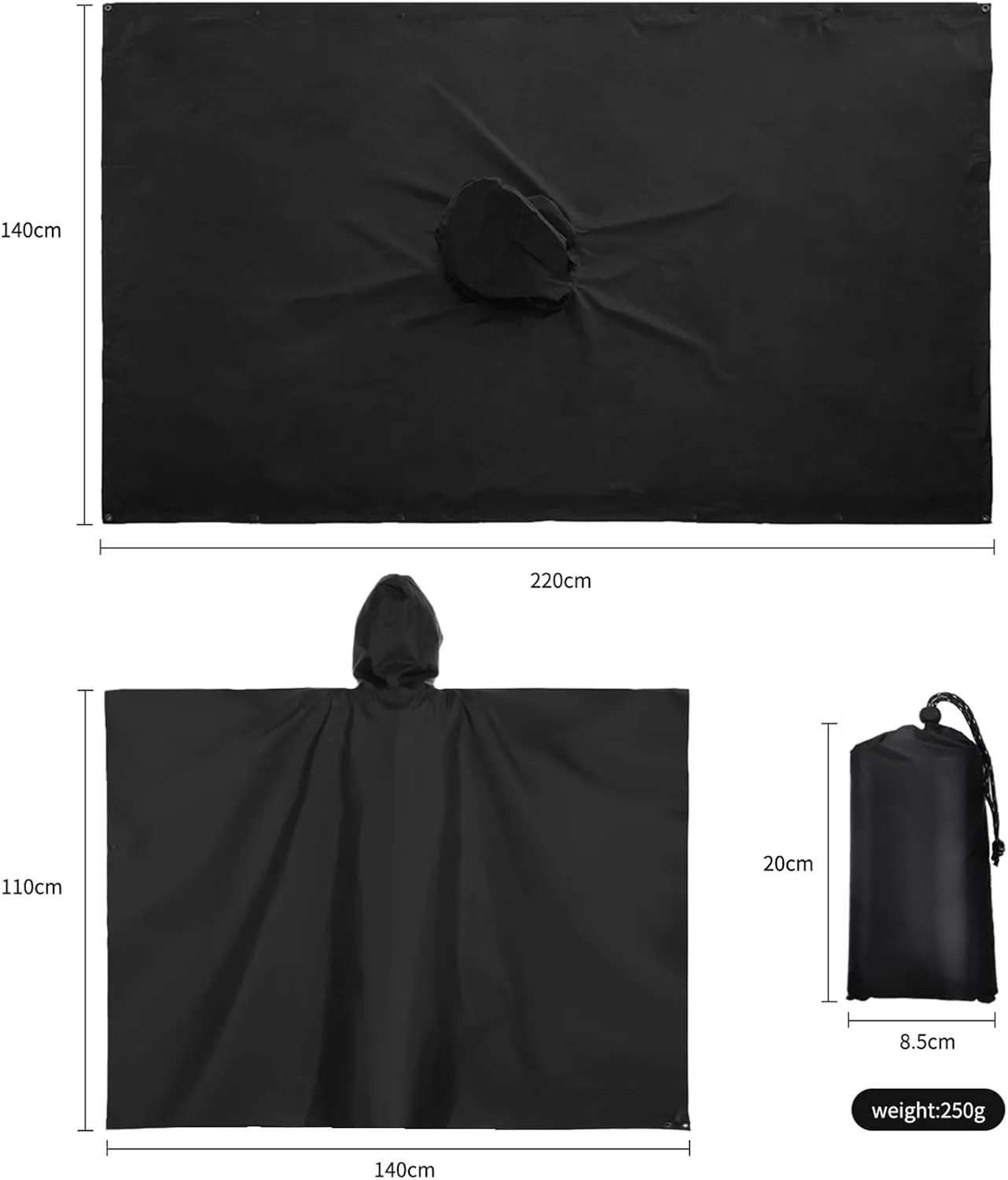 Waterproof Rain Poncho, Lightweight Hooded Rain Coat, Picnic Blanket for Camping, Hiking, Backpacking, Beach