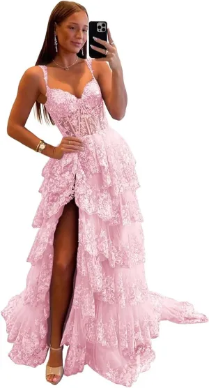 Wchecalino Sparkly Tiered Lace Tulle Prom Dresses Long 2025 Spaghetti Straps Formal Corset Evening Gown with Slit