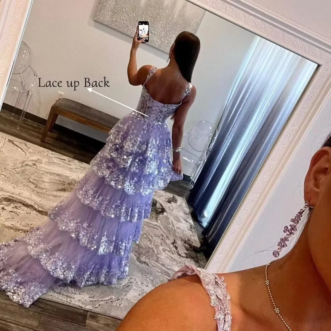 Wchecalino Sparkly Tiered Lace Tulle Prom Dresses Long 2025 Spaghetti Straps Formal Corset Evening Gown with Slit
