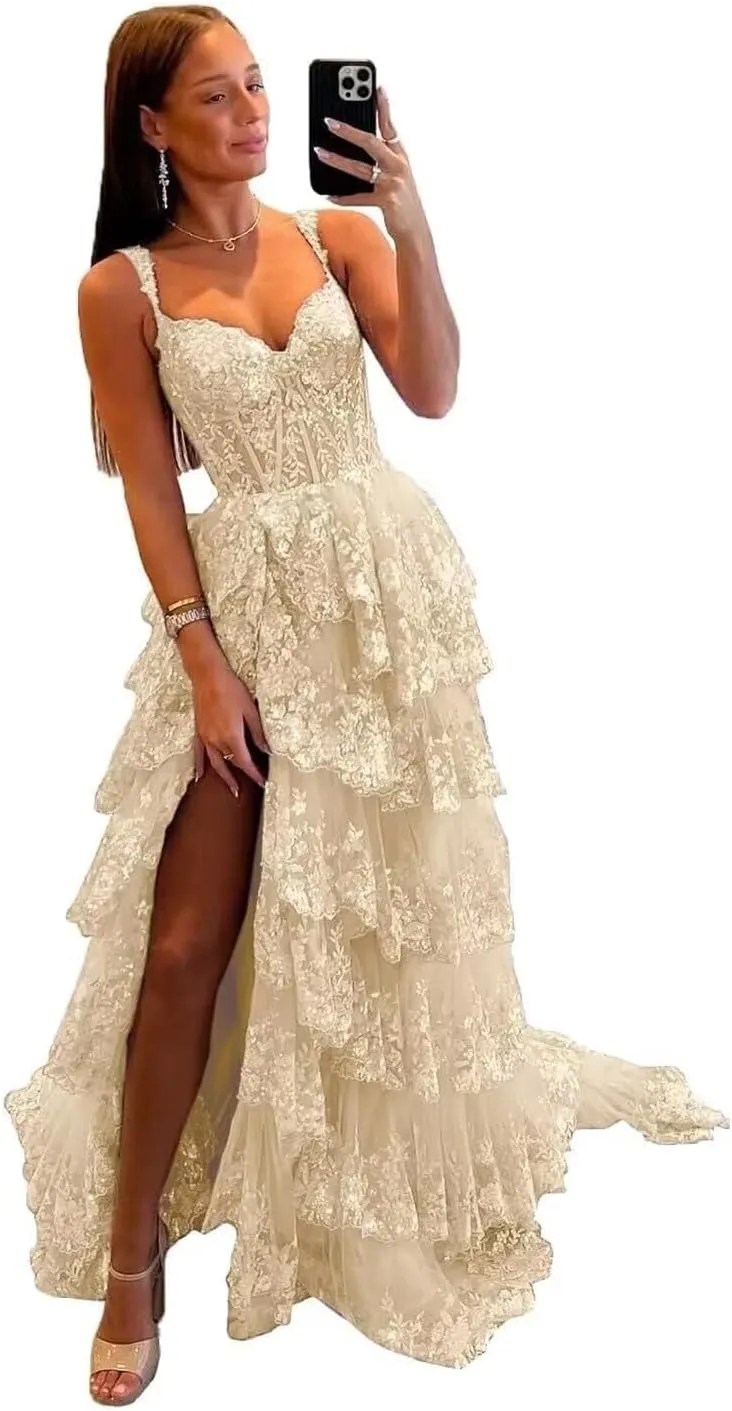 Wchecalino Sparkly Tiered Lace Tulle Prom Dresses Long 2025 Spaghetti Straps Formal Corset Evening Gown with Slit
