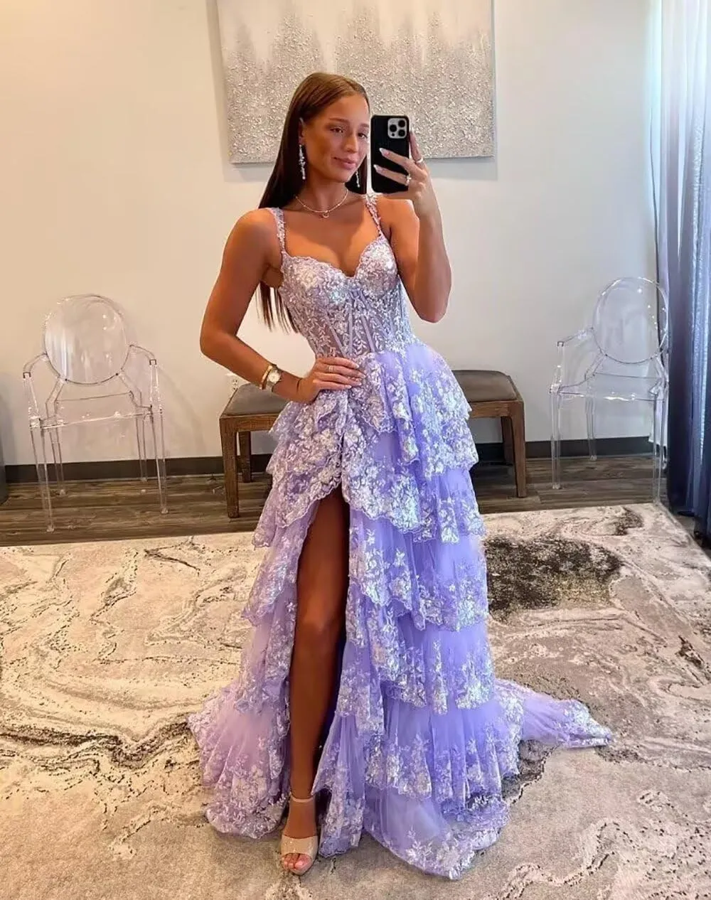 Wchecalino Sparkly Tiered Lace Tulle Prom Dresses Long 2025 Spaghetti Straps Formal Corset Evening Gown with Slit