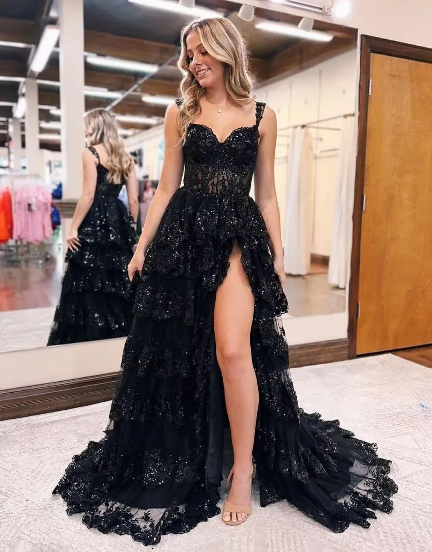 Wchecalino Sparkly Tiered Lace Tulle Prom Dresses Long 2025 Spaghetti Straps Formal Corset Evening Gown with Slit