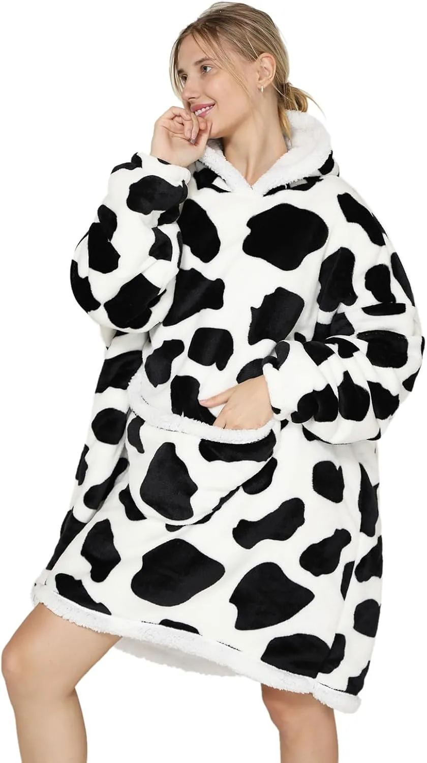 Wearable Blanket Hoodie Oversized Hooded Blanket for Adult Women Super Soft Comfortable Warm Flannel Cow