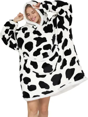 Wearable Blanket Hoodie Oversized Hooded Blanket for Adult Women Super Soft Comfortable Warm Flannel Cow